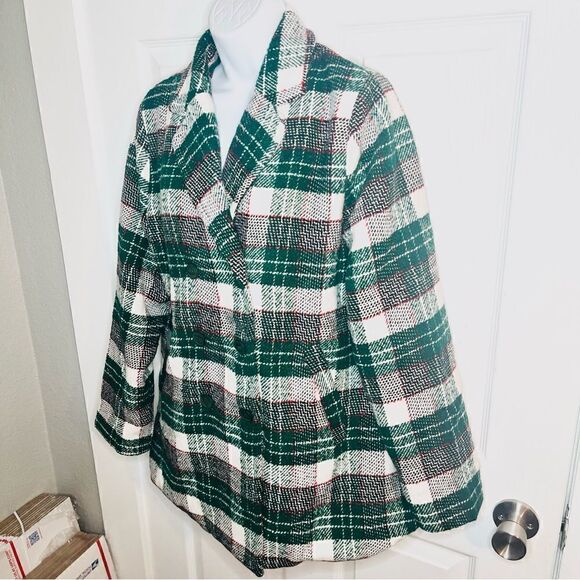 Aura Beauty And Style Dark Emerald Plaid Pea Coat Green Double Breasted L NWT - Picture 8 of 13